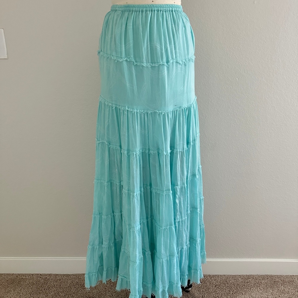 Raj Maxi Skirt OS Blue Horseshoe Print Tiered Cotton Raw Hem Boho Western